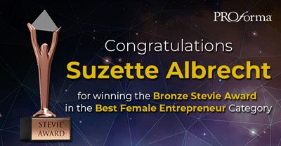 Suzette Albrecht wins the Bronze Stevie Award